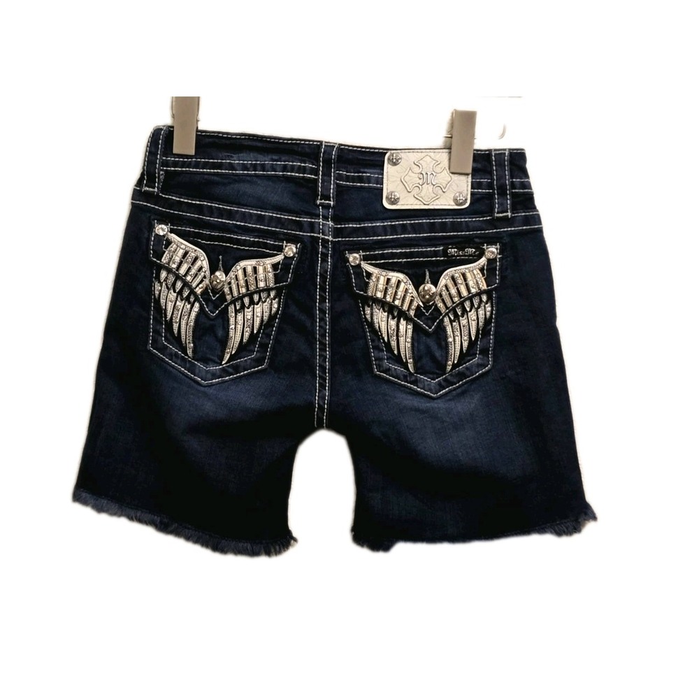 Miss Me Mid Rise Size 27 Denim Jean Shorts Angel Wing Bling Pocket